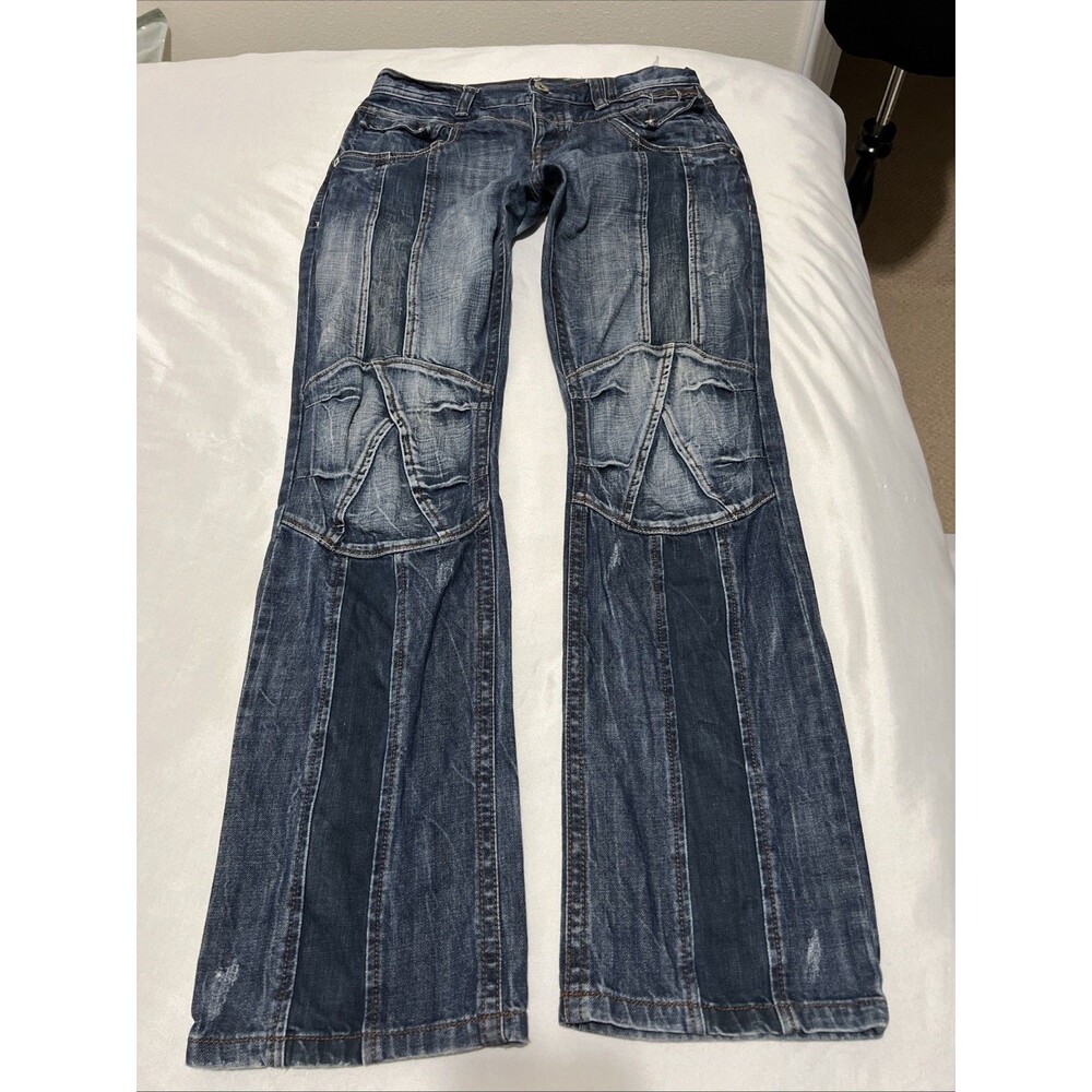 Mogul Biker Jeans Blue Denim Distressed Y2K Paneled Mens 33x33  VTG Straight Leg